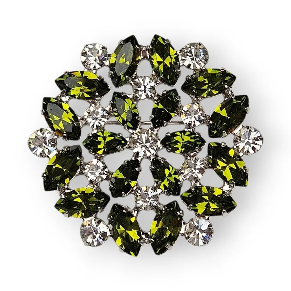 Vintage Rhinestone Flower Brooch Green White Rhodium Plated Snowflake B David